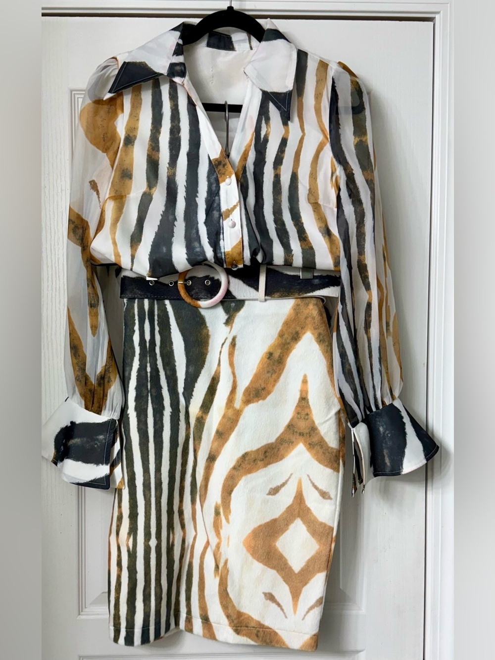 Captivate Abstract Stripe Button-Down Shirt, Skirt, & Belt White, Black & Brown